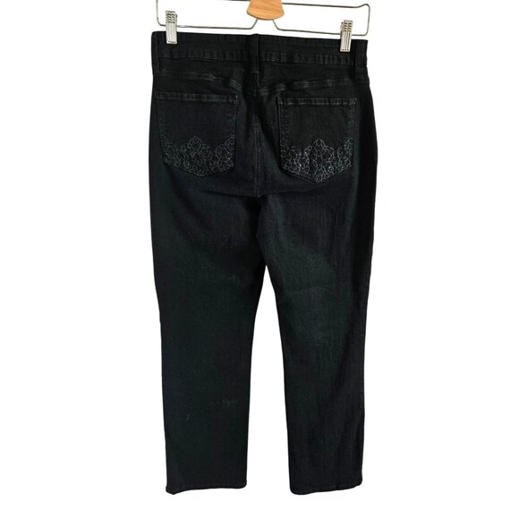NYDJ Woman Size 10 Marilyn Straight Lift & Tuck Black Jeans Embroidered Pockets - Picture 1 of 8